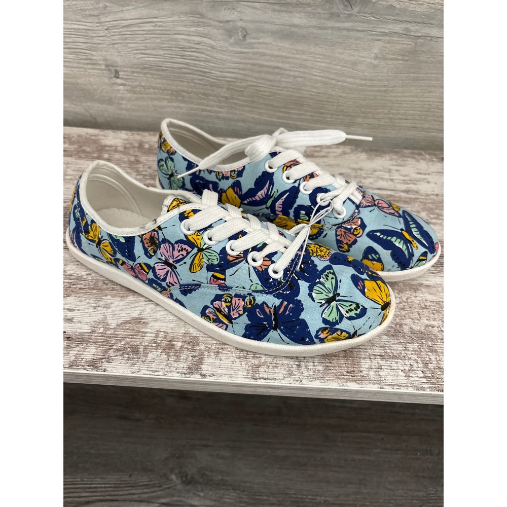 Womens Butterfly‎ Print Canvas Sneakers Blue Multi Lace Up Low Top Shoes Size 8